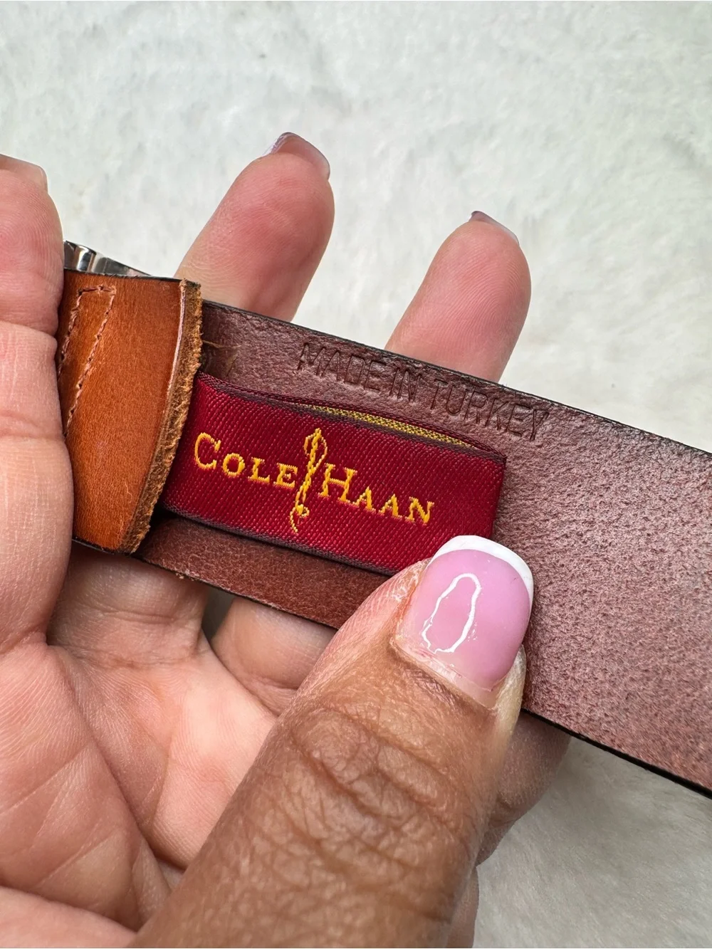 Cole Haan Genuine Leather Brown Belt Silver Rectangle Buckle Size 34/35